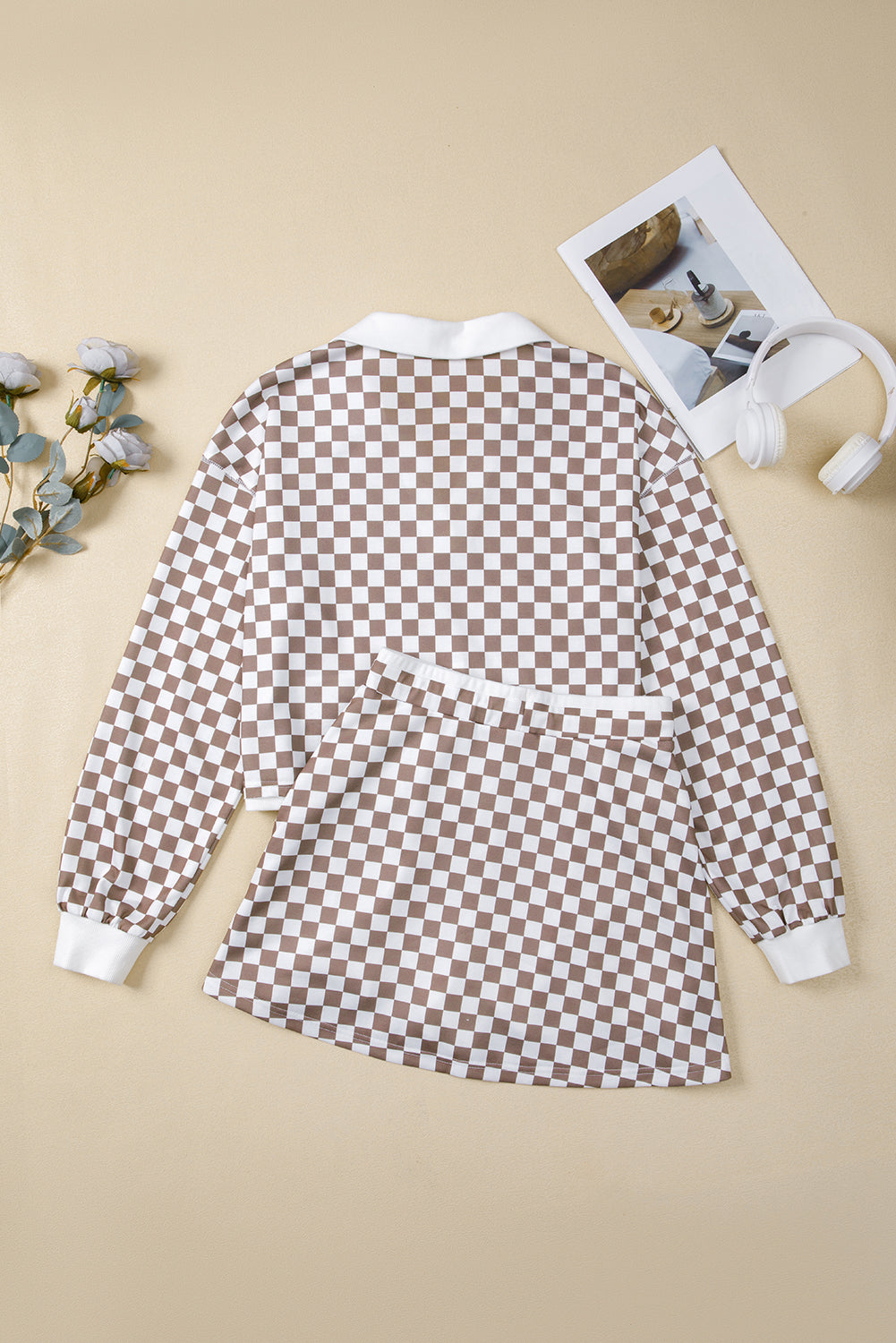 Khaki Checkered Print Polo Collar Cropped Top Drawstring Mini Skirt Set