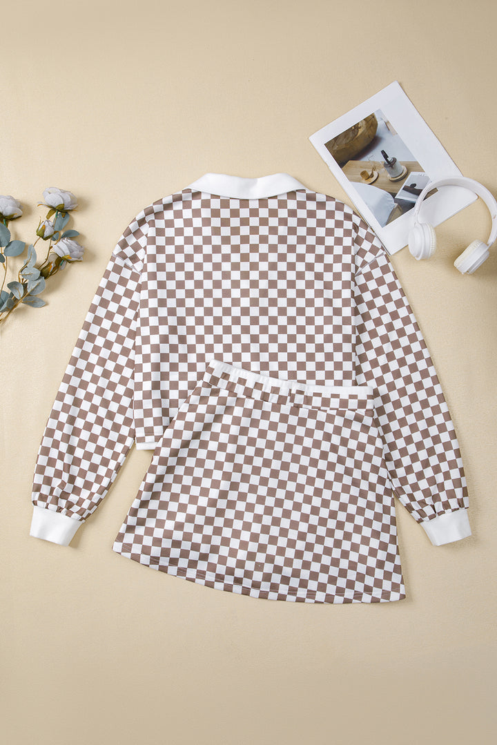 Khaki Checkered Print Polo Collar Cropped Top Drawstring Mini Skirt Set