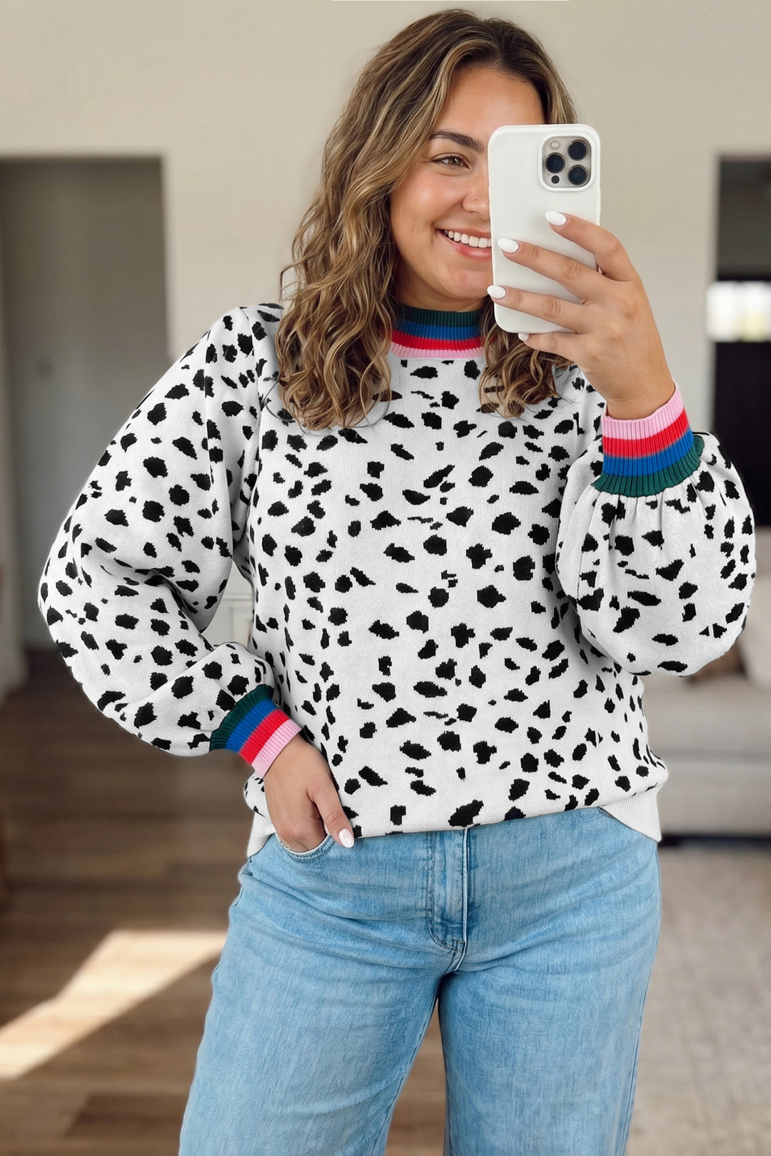 White Leopard Print Round Neck Long Sleeve Tunic Plus Size Sweater