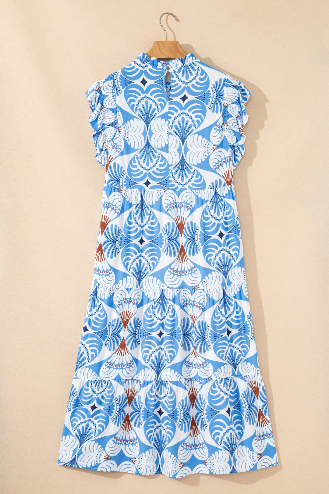 Sky Blue Tropical Botanic Print Flutter Sleeve Vacation Long Dress