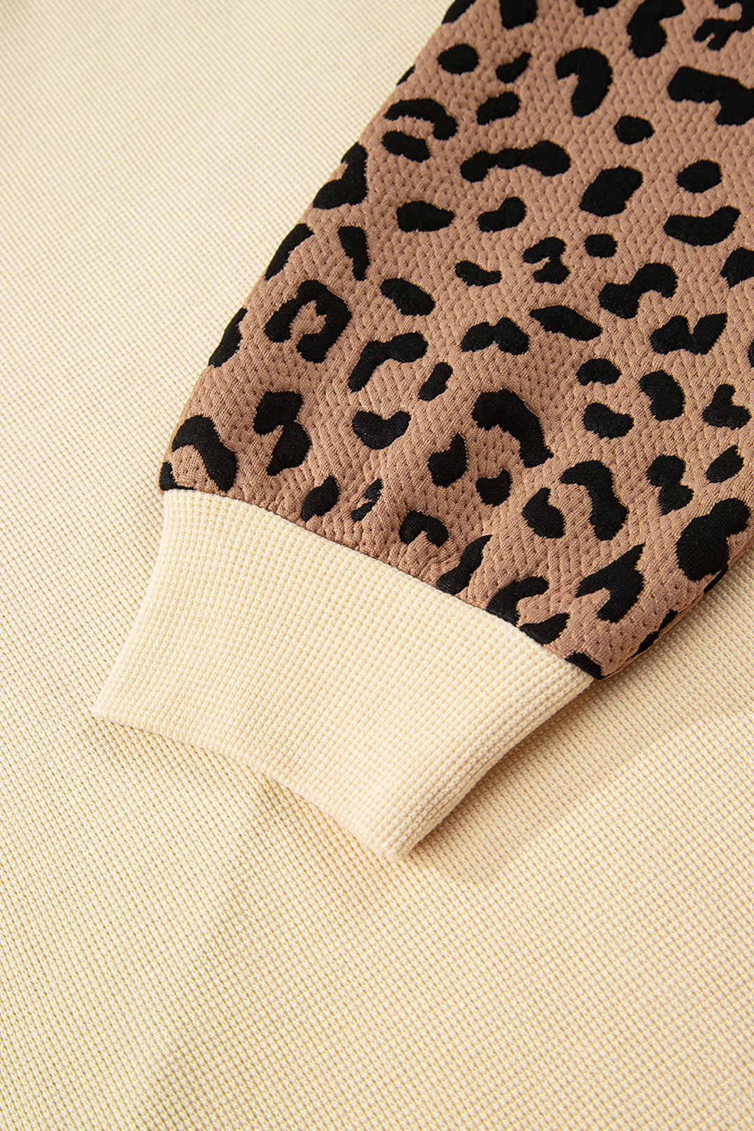 Light French Beige Leopard Star Color Block Patchwork Textured Baggy Sweatshirt