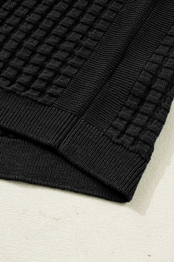 Black Solid Color Round Neck Textured Short Sleeve Sweater