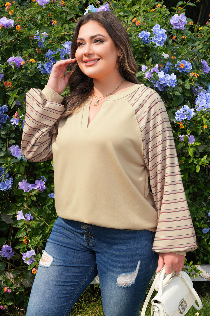 Parchment Striped Notched Neck Raw Edge Plus Size Jumper