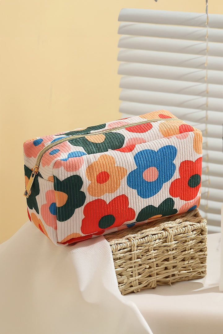 Flower Print Zipper Square Corduroy Cosmetic Bag