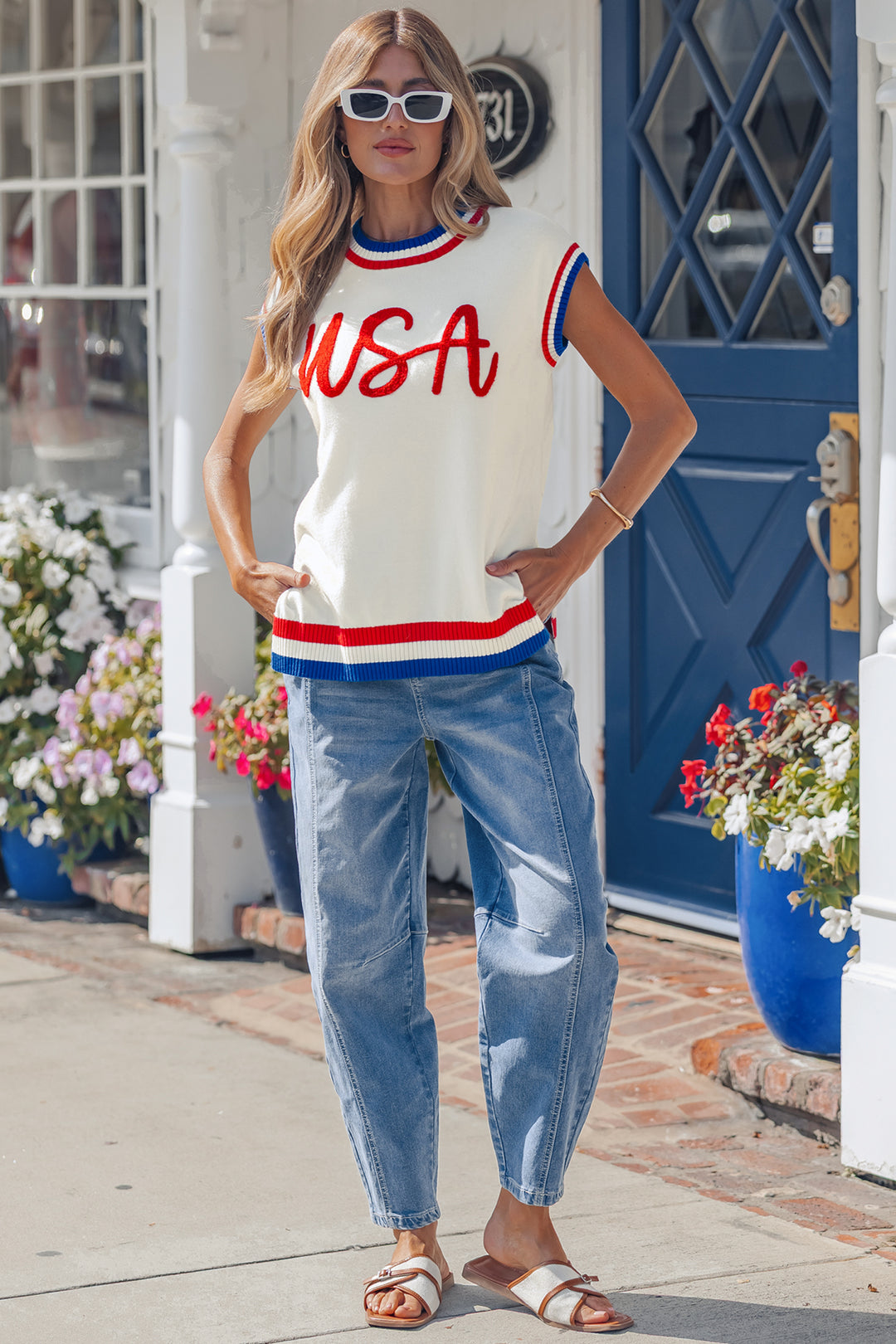 White USA Contrast Striped Trim Round Neck Short Sleeve Sweater