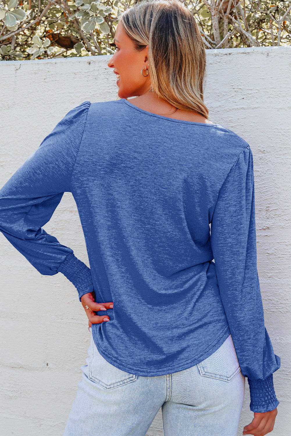 Blue Shirred Shoulder Frilled Cuffs Long Sleeve Top