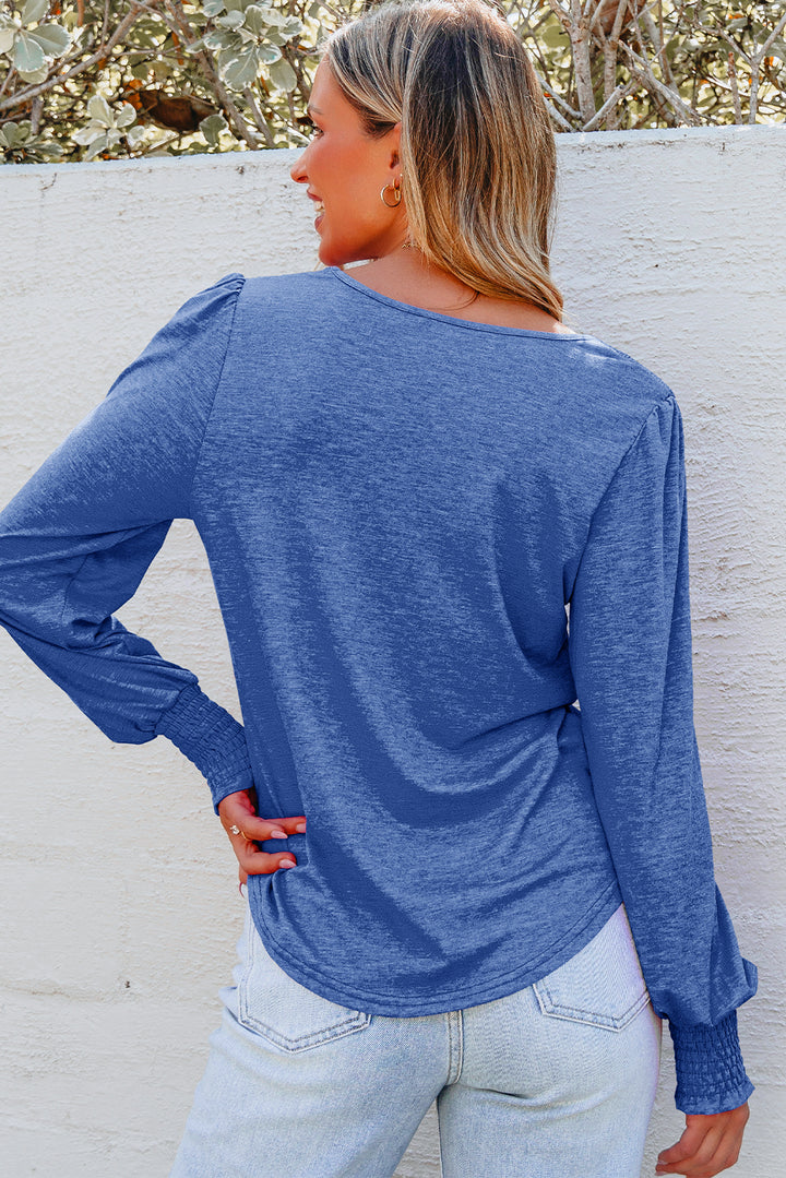 Blue Shirred Shoulder Frilled Cuffs Long Sleeve Top