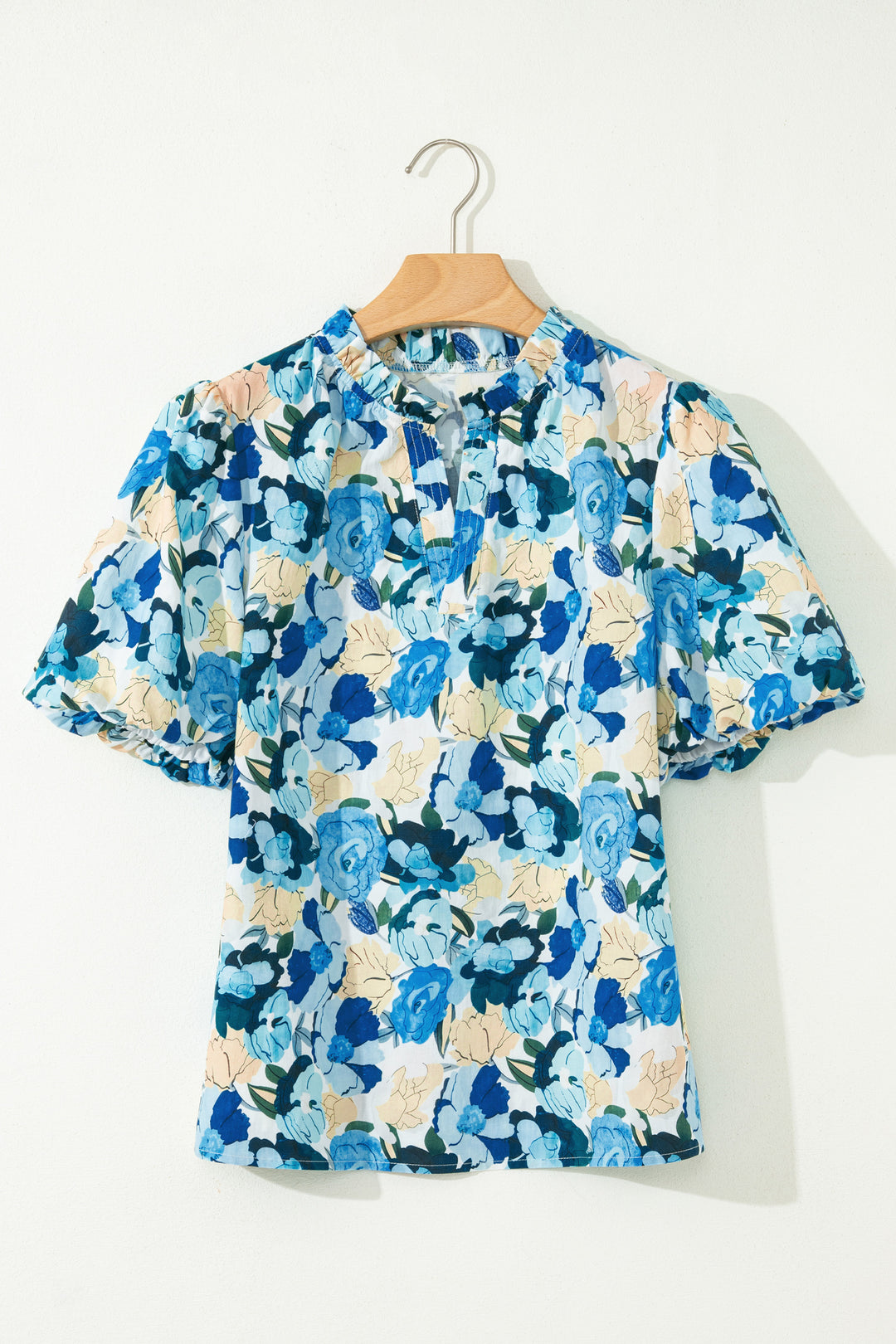 Floral Print Short Puff Sleeve V Neck Blouse