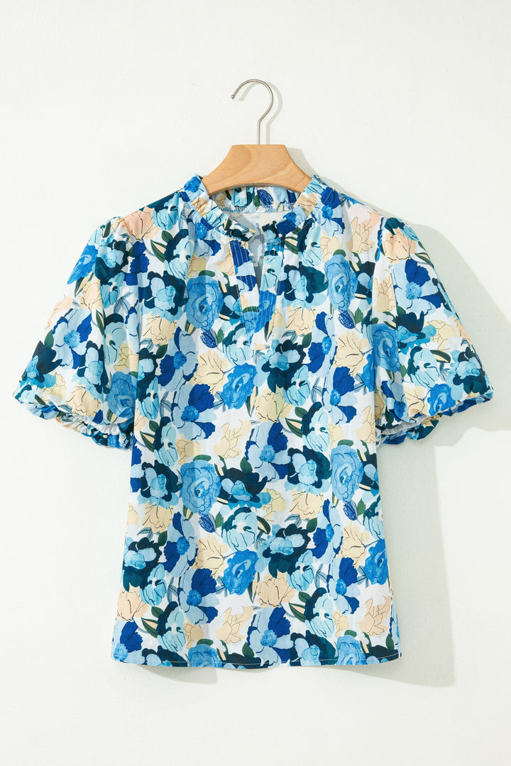 Floral Print Short Puff Sleeve V Neck Blouse