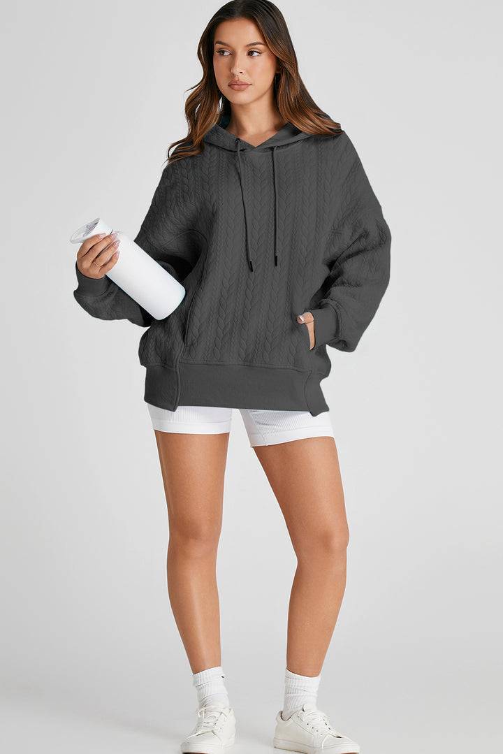 Gray Cable Textured Baggy Solid Hoodie