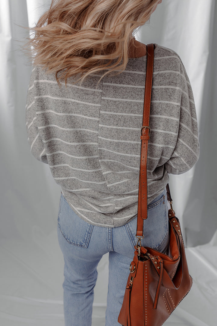 Gray Stripe Dolman Sleeve Cotton Top