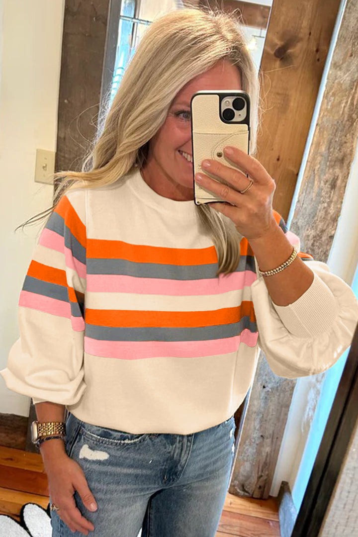 Beige Stripe Puff Sleeve Casual Pullover Sweatshirt