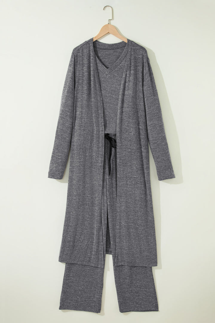 Dark Grey 3pcs V Neck T Shirt Ribbon Knot Pants Open Duster 3pcs Lounge Set