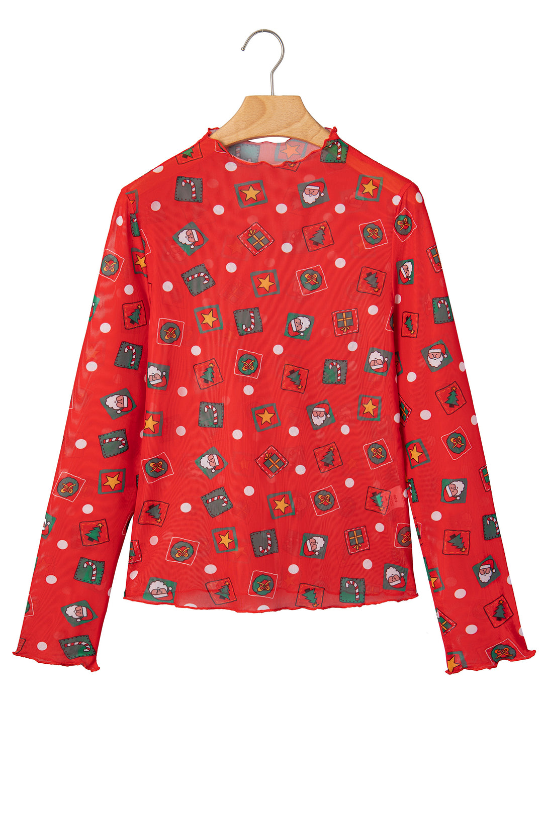 Fiery Red Christmas Elements Printed Long Sleeve Sheer Mesh Top