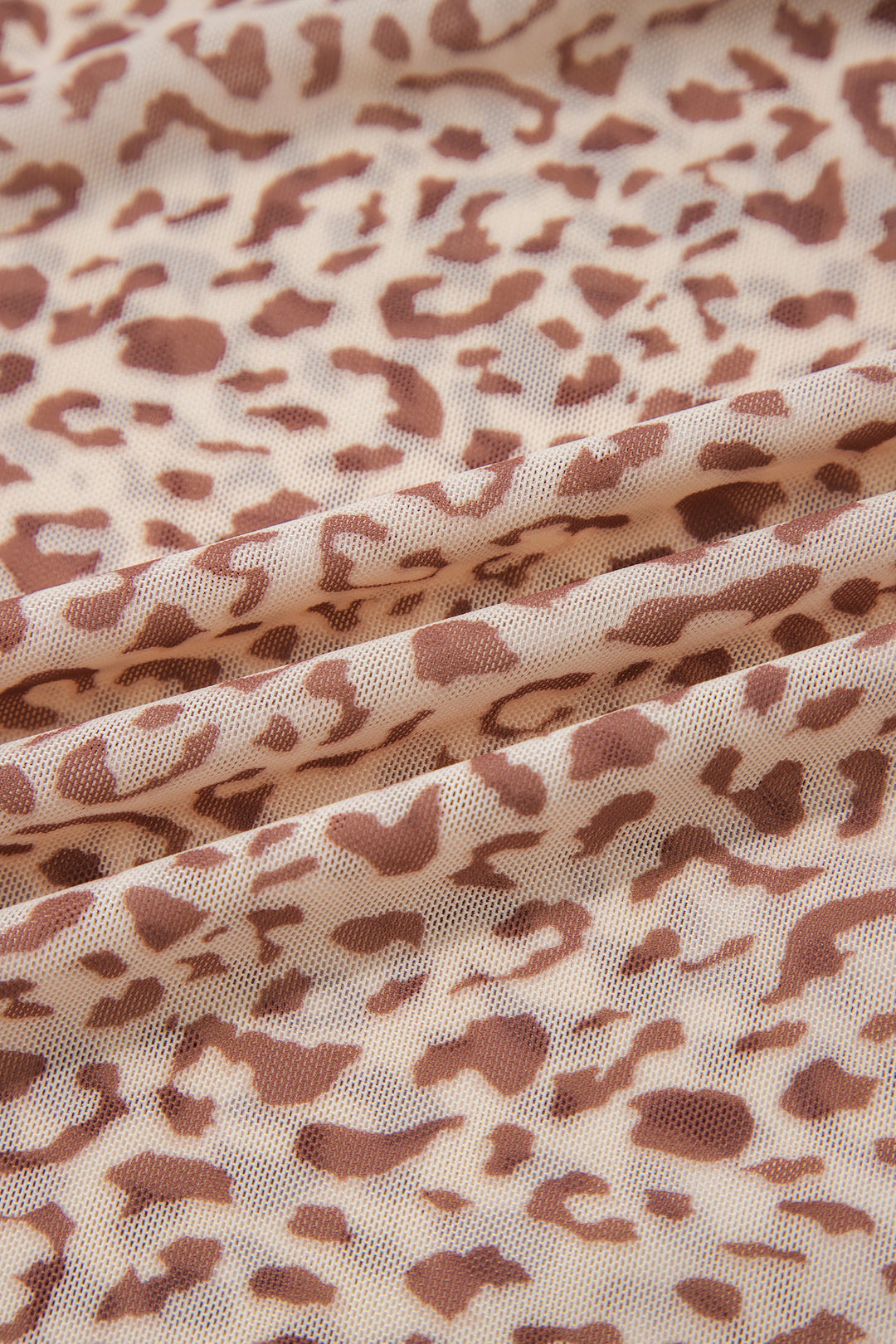 Brown Leopard Print Foldover Off Shoulder Long Sleeve Mesh Top