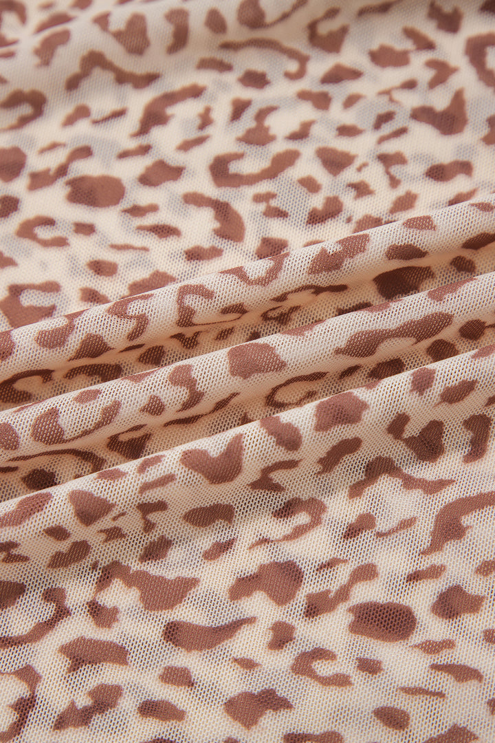 Brown Leopard Print Foldover Off Shoulder Long Sleeve Mesh Top