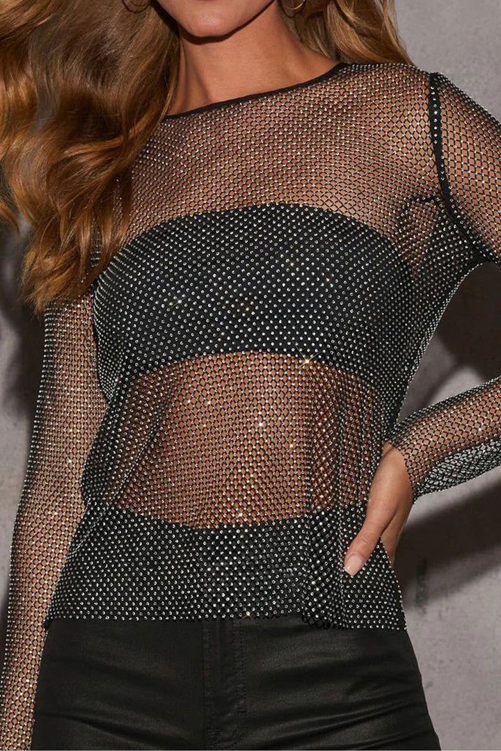 Black Rhinestone Mesh Long Sleeve See Through Top