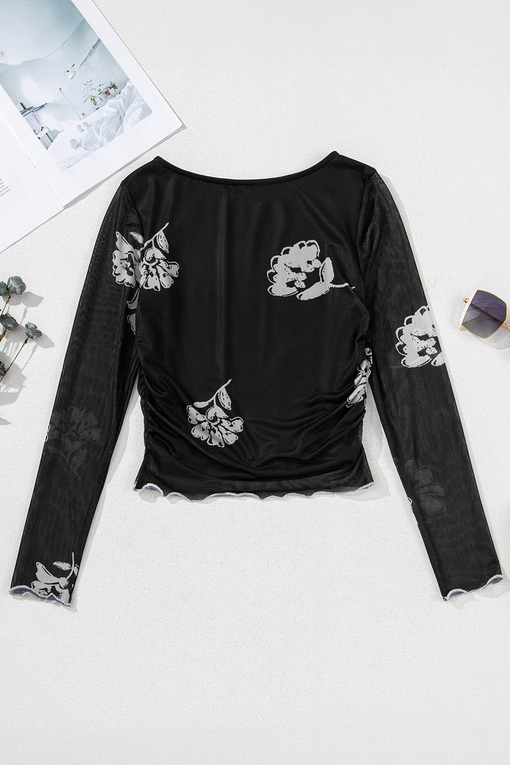 Floral Mesh Lettuce Edge Ruched Slim Long Sleeve Top