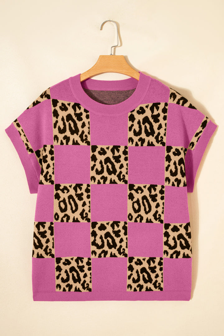 Rose Red Leopard Checkerboard Short Sleeve Knit Sweater