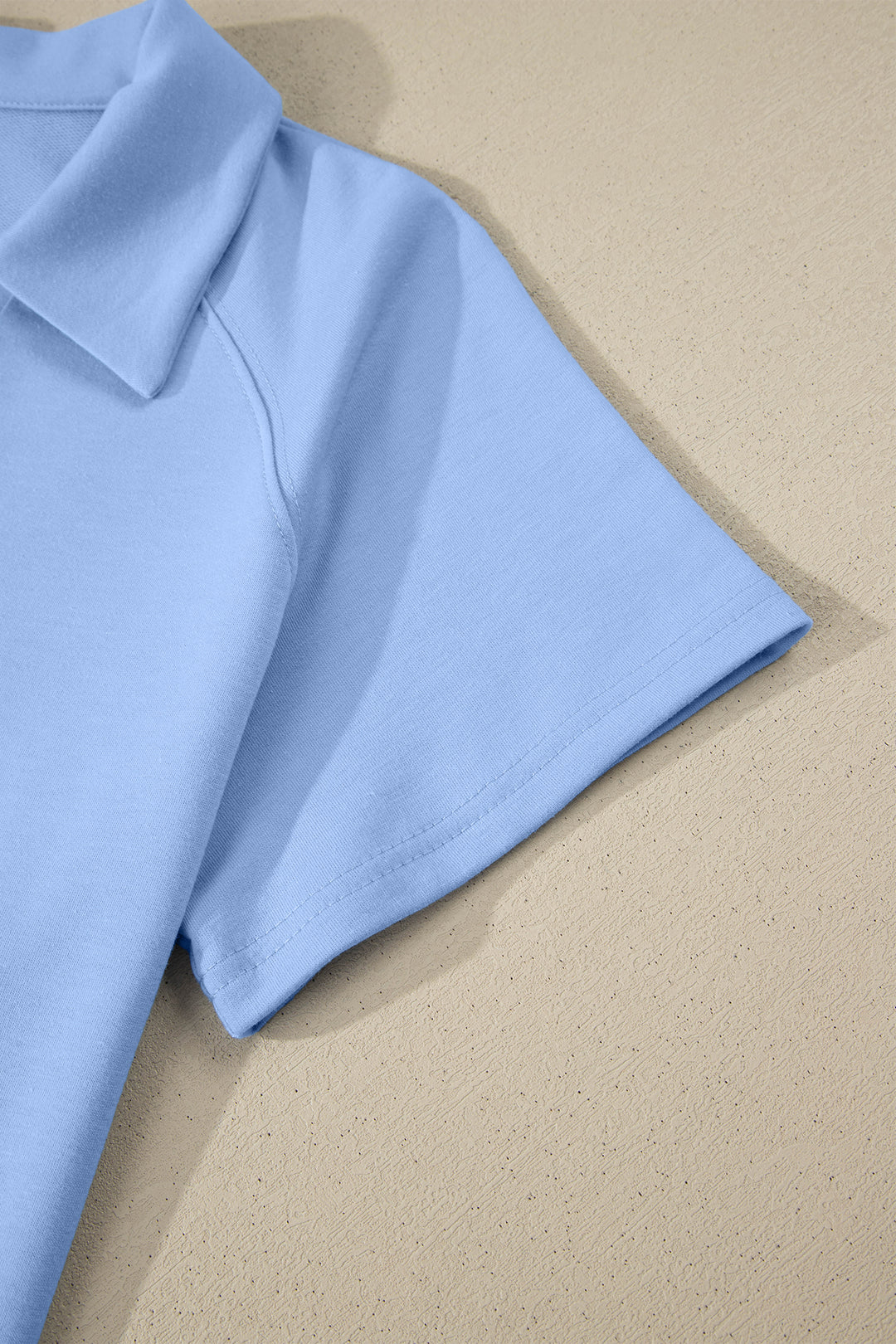 Sky Blue Collared V Neck Tee Drawstring Elastic Waist Shorts 2pcs Outfit