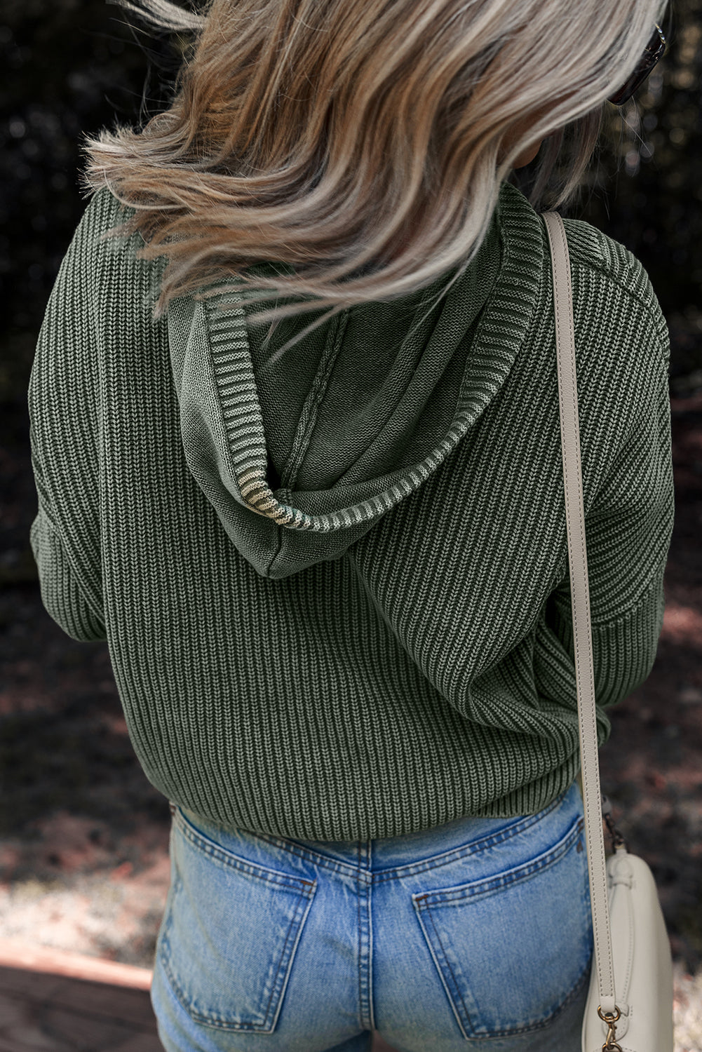 Mineral Wash Ribbed Knit Button Drawstring Neck Hooded Sweater