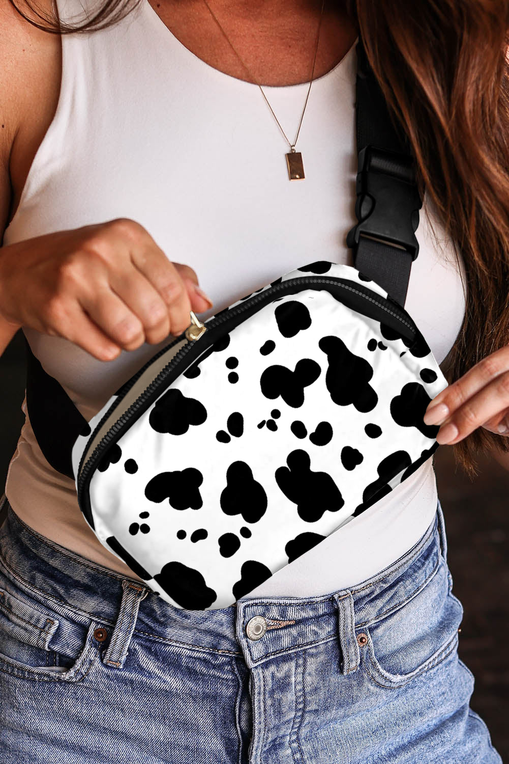 Cow Pattern Print Buckle Wide Belt Inclined Shoulder Bag