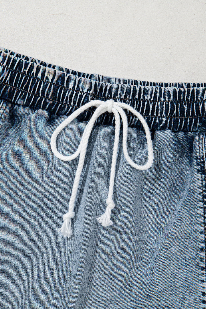 Dusk Blue Drawstring Elastic Waistband Pocketed Denim Shorts