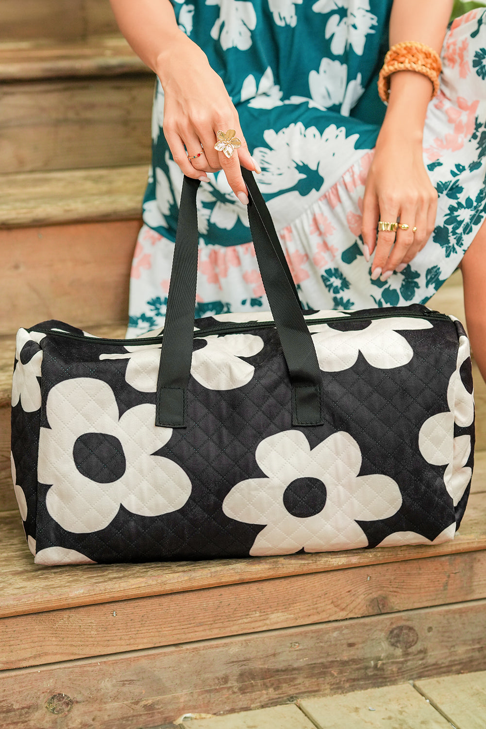 Flower Print Quilted Large Duffel Bag