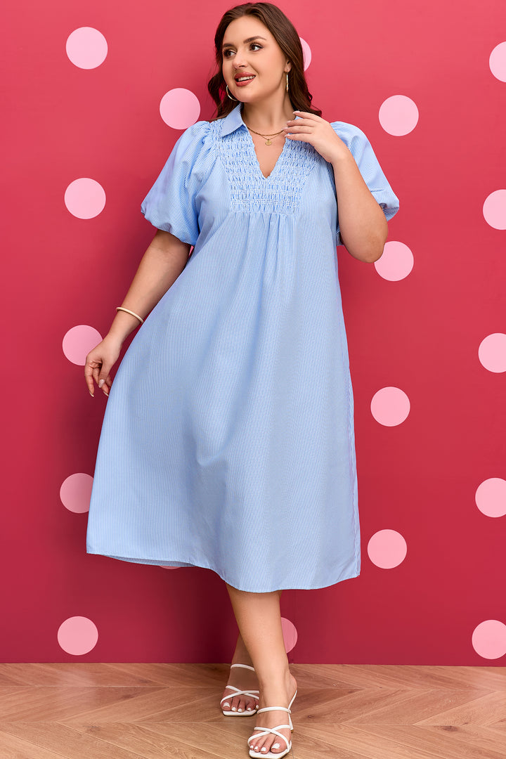 Sky Blue Stripe Shirred Detail Collar Plus Size Midi Dress