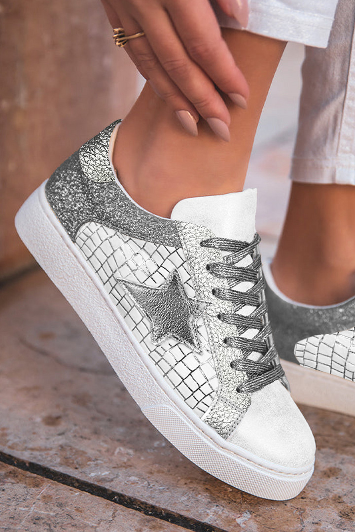 Glitter Star Patchwork PU Leather Lace-up Sneakers