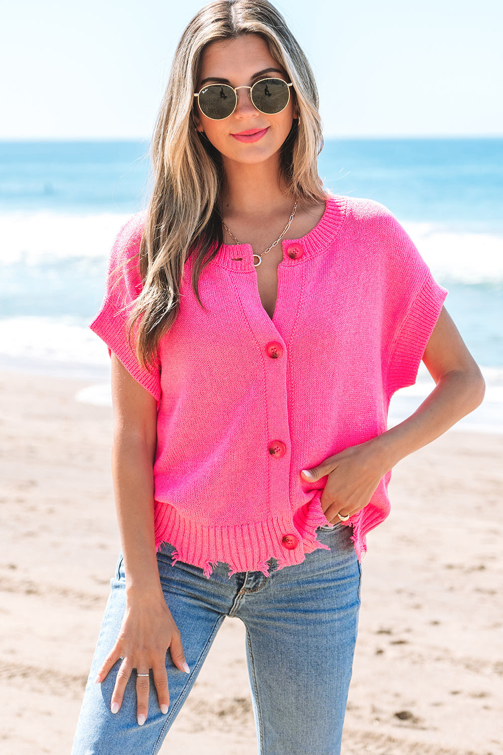 Distressed Hem Short Sleeve Knitted Button Front Sweater
