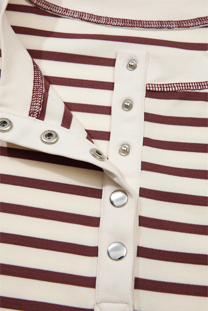 Red Dahlia Striped Print Drop Shoulder Long Sleeve Henley Top
