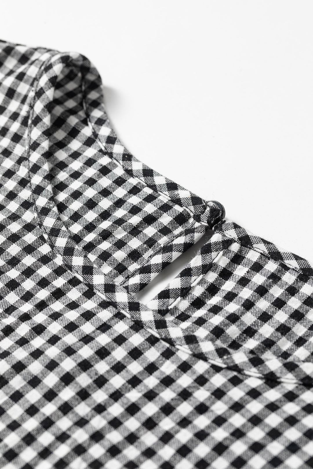 Black Plaid Shirred Cuff Long Sleeve Round Neck Blouse