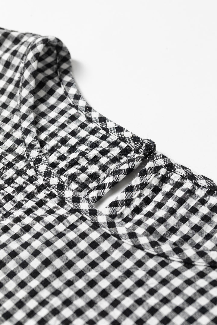 Black Plaid Shirred Cuff Long Sleeve Round Neck Blouse