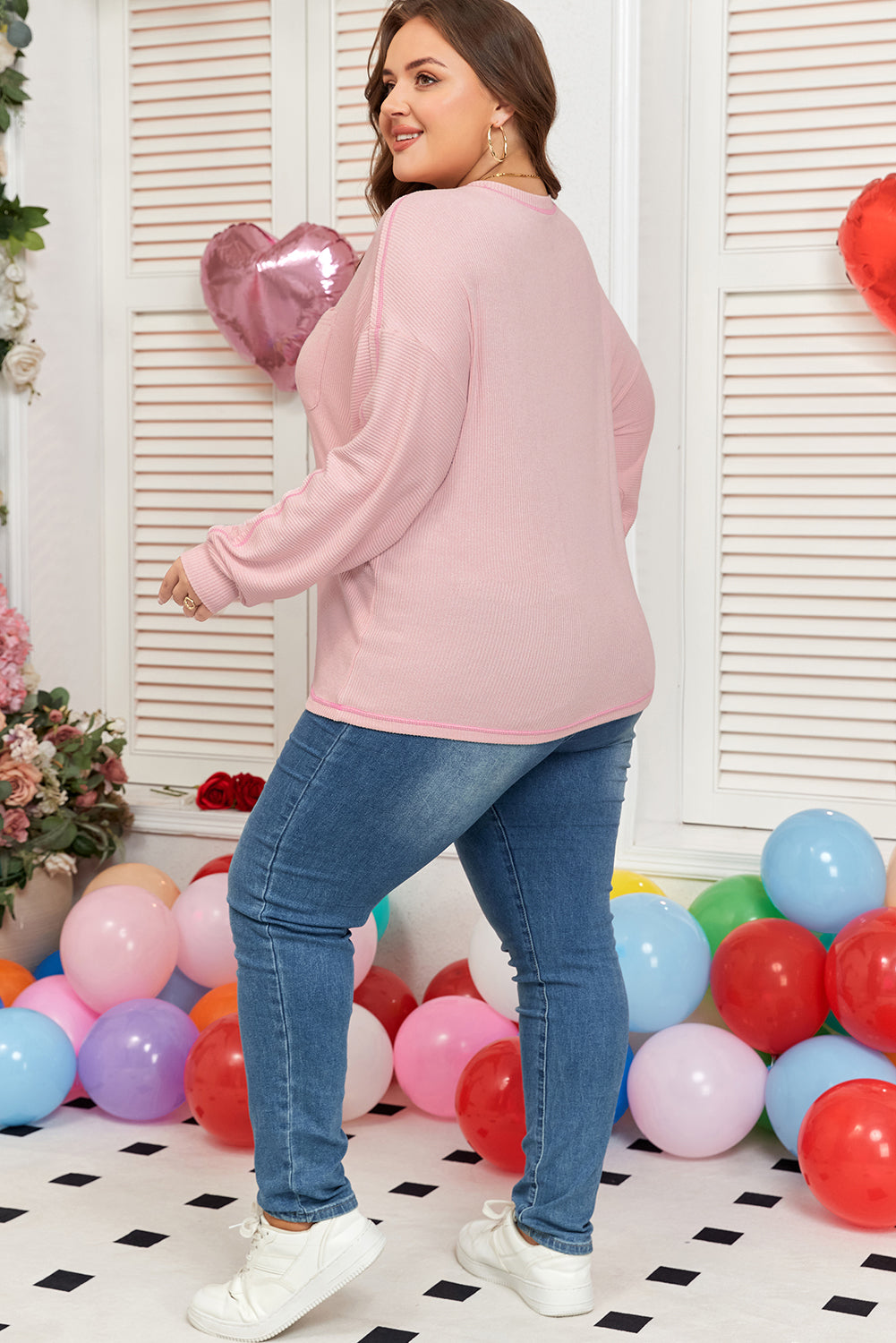 Bonbon Ribbed Exposed Seam Round Neck Chest Pocket Plus Knit Top