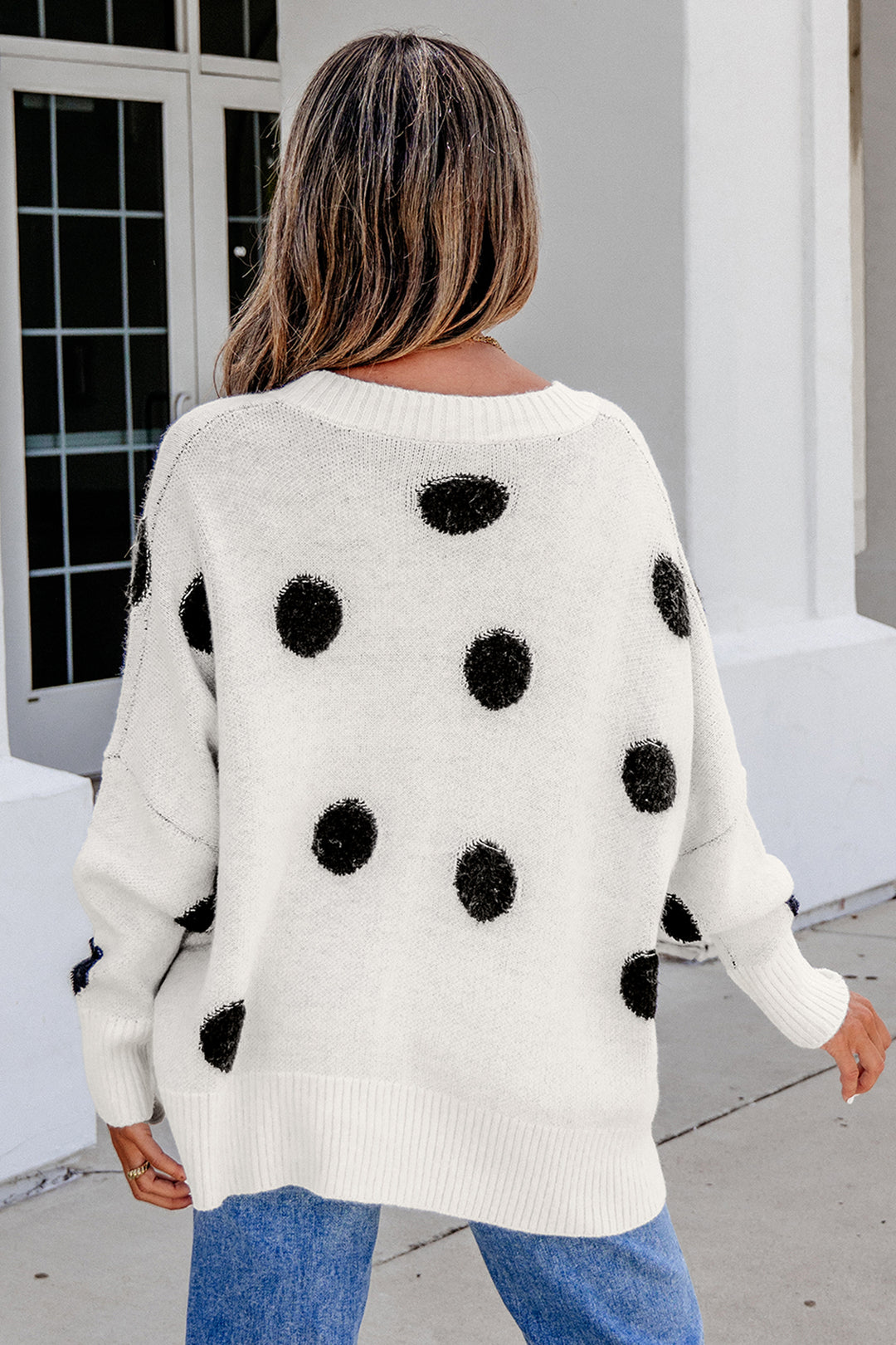 Beige Polka Dot Button Front Oversized V Neck Cardigan