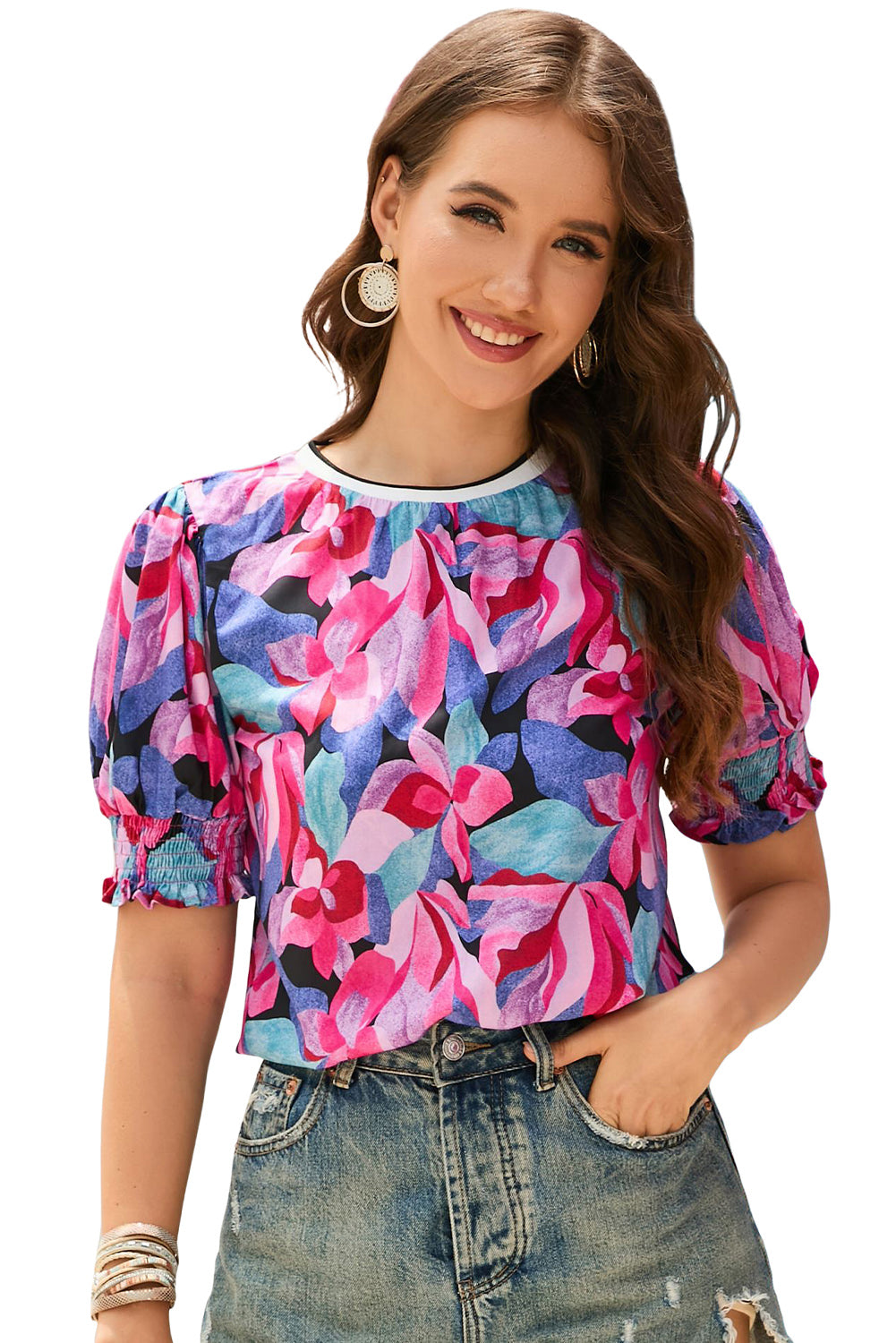 Red Floral Print Shirred Puff Sleeve Blouse