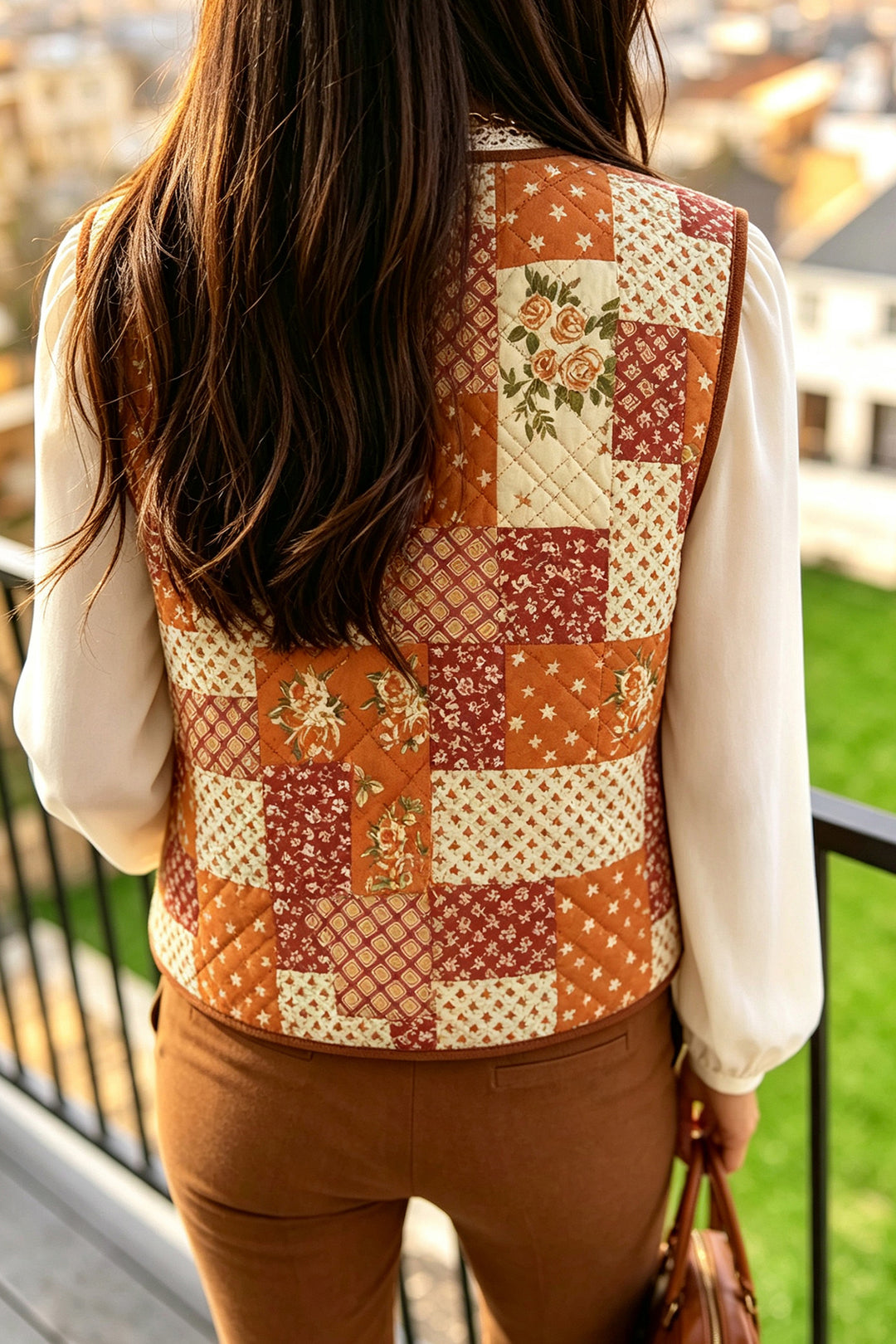 Golden Fleece Quilted Floral Patchwork Contrast Trim Button Vest