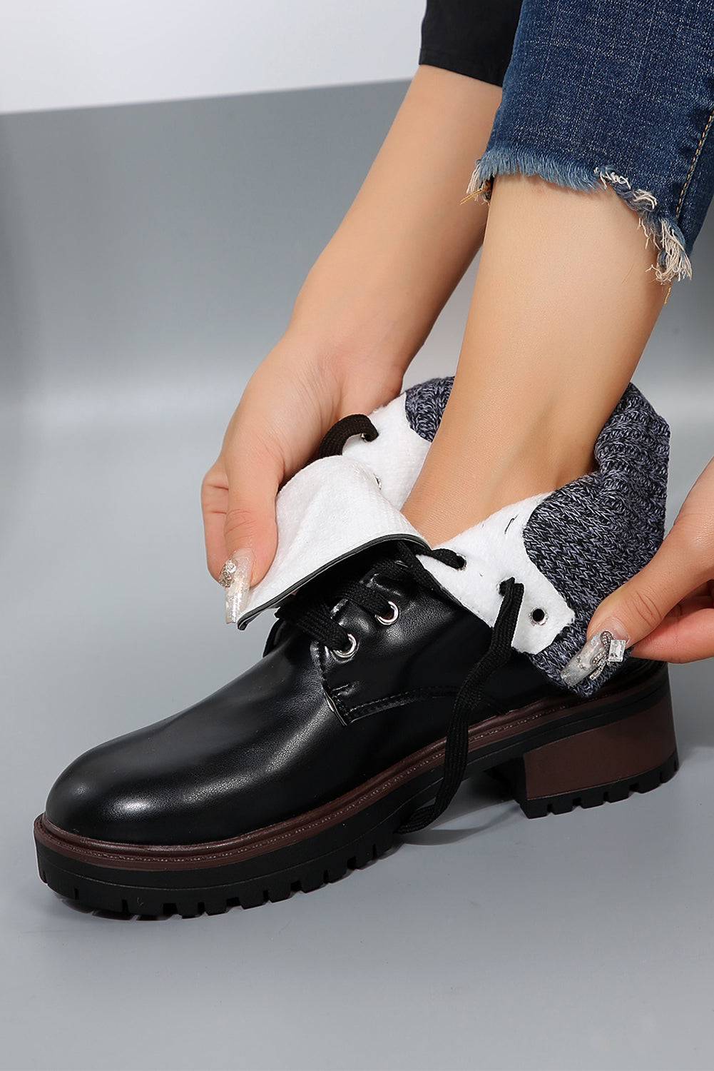 Knitted Patched Lace-up Heeled Ankle Boots