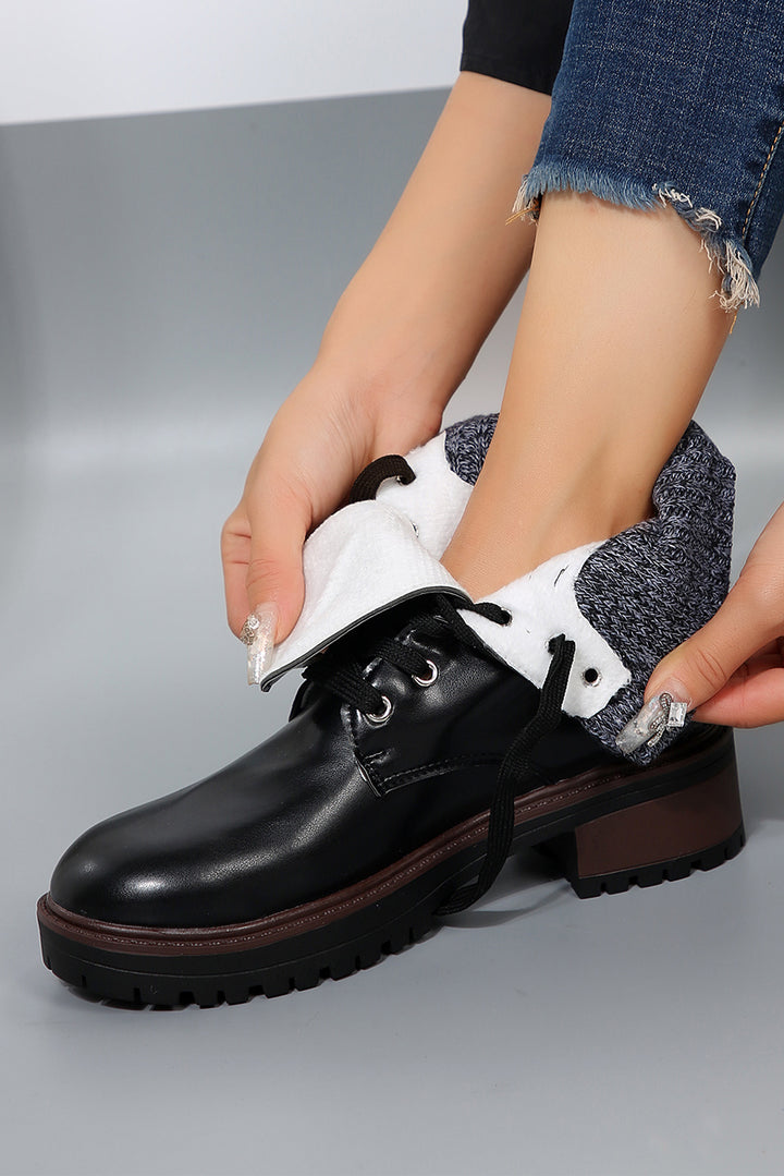 Knitted Patched Lace-up Heeled Ankle Boots
