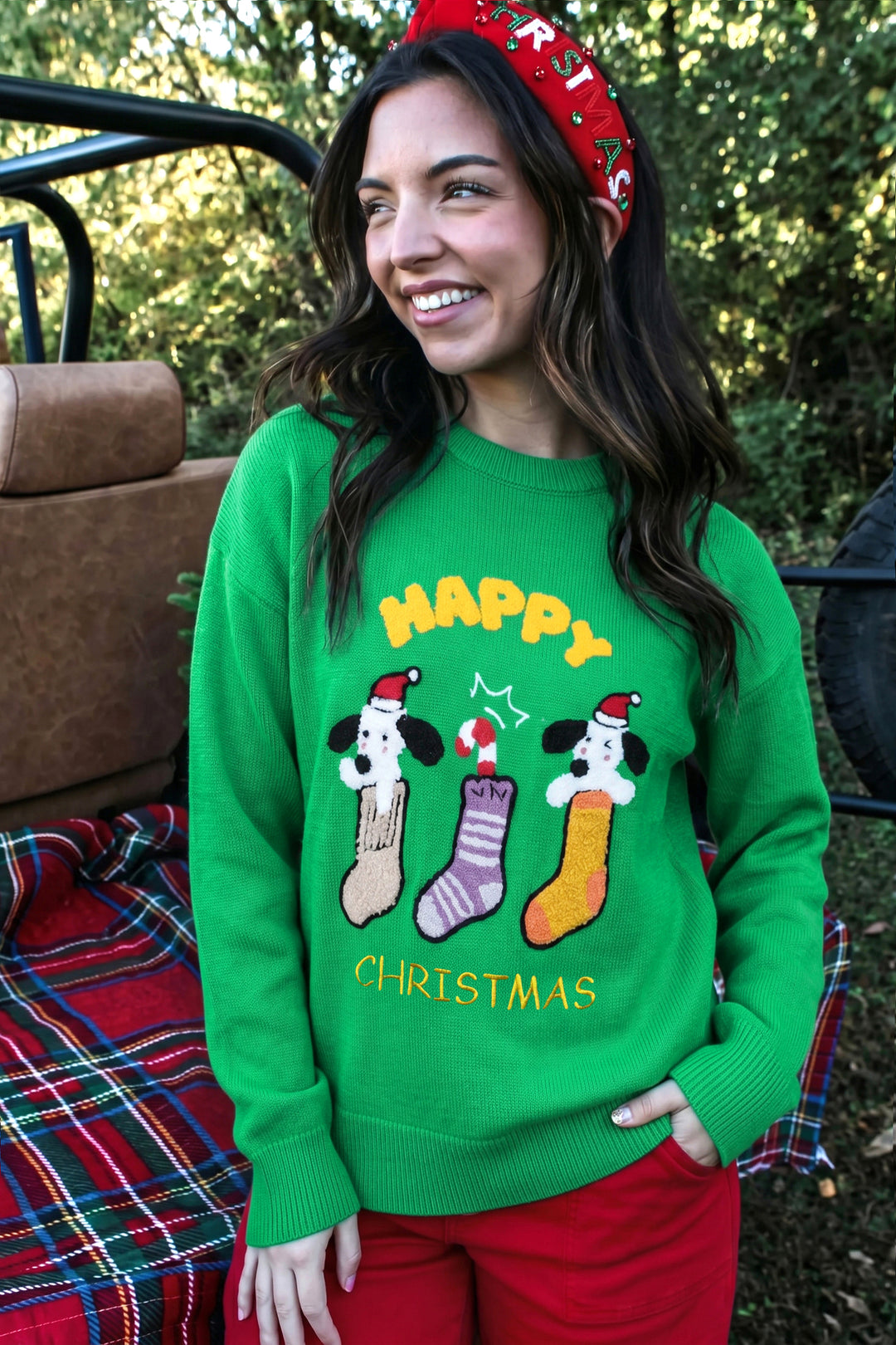 Dark Green Abstract Patch Embroidery Christmas Pullover Sweater
