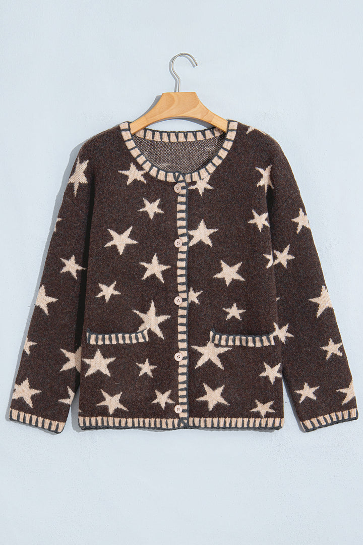 Brown Stars Pattern Colorblock Long Sleeve Shift Wool Cardigan