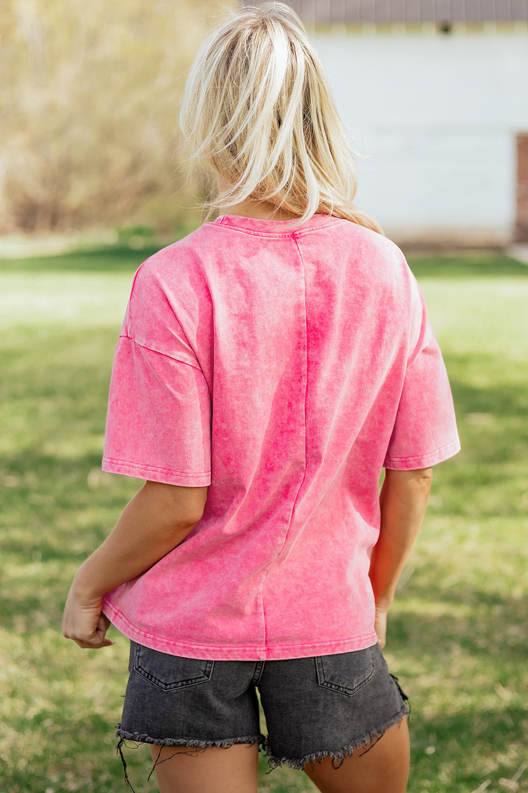 Pink Solid Color Cotton Mineral Washed Oversize Tee