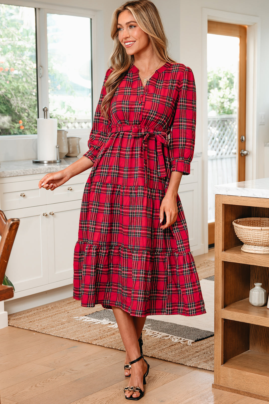 Christmas Plaid V Neck 3/4 Sleeve Tie Waist Ruffle Hem Long Dress