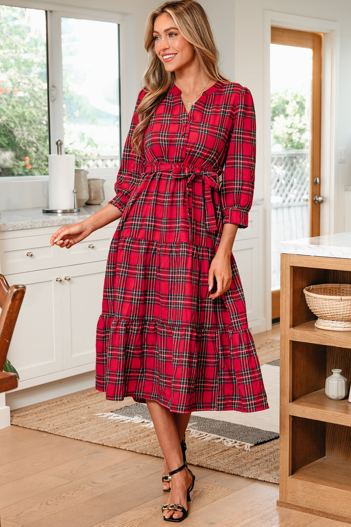 Christmas Plaid V Neck 3/4 Sleeve Tie Waist Ruffle Hem Long Dress