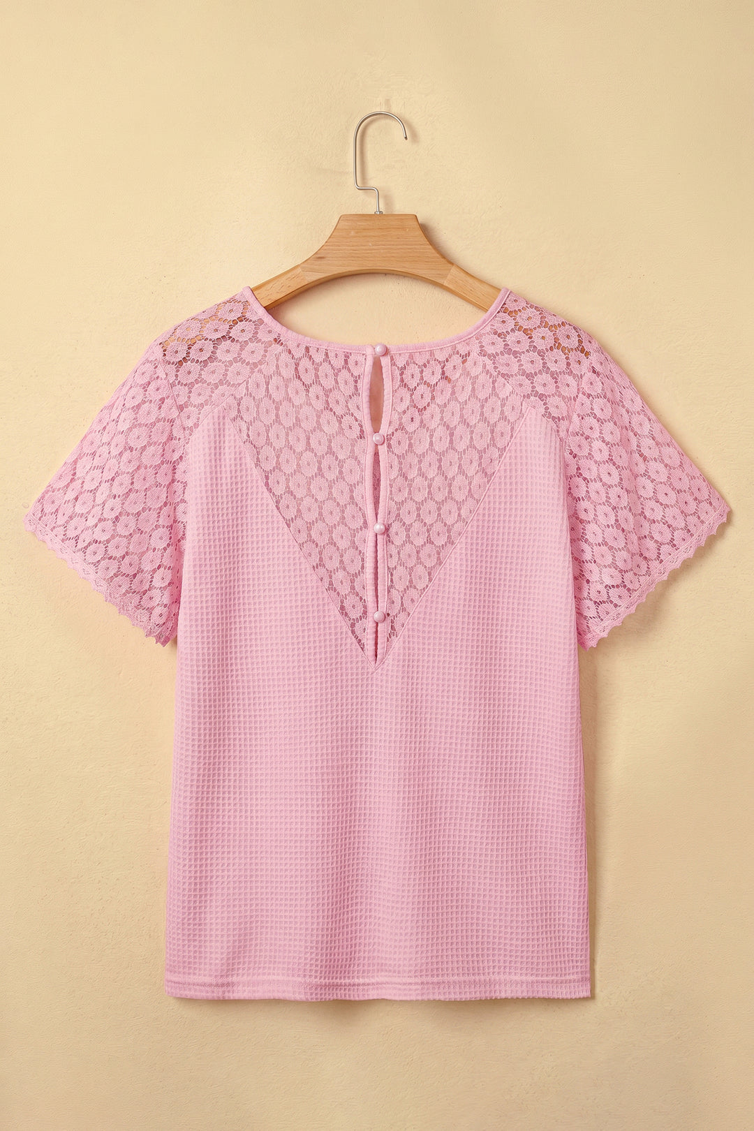 Pink Lace Splicing Button Cutout V Neck Waffle Knit Blouse