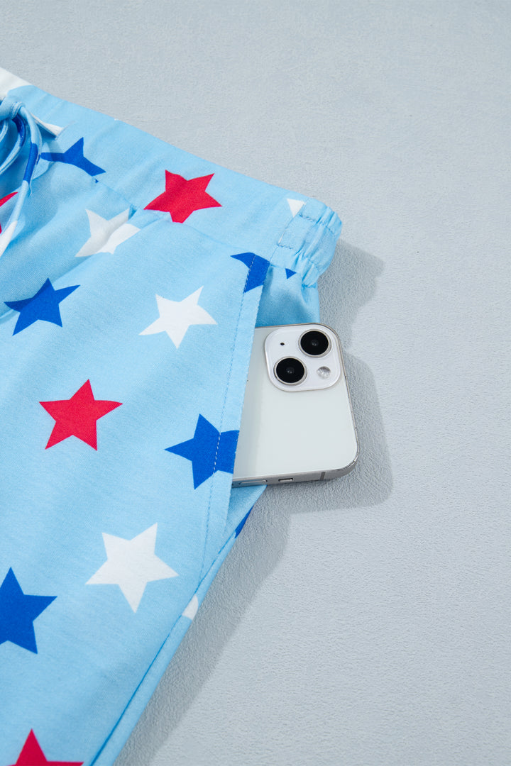 Sky Blue Patriotic Star Printed Beaded Drawstring Mini Skort