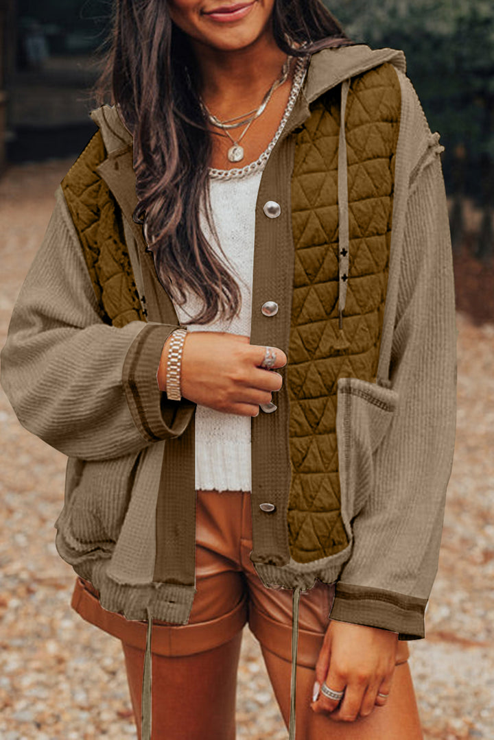 Green Quilted Textured Patchwork Loose Fit Hooded Jacket