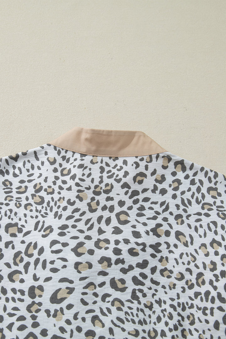 White Leopard Printed Color Block Patchwork V Neck Cap Sleeve Blouse