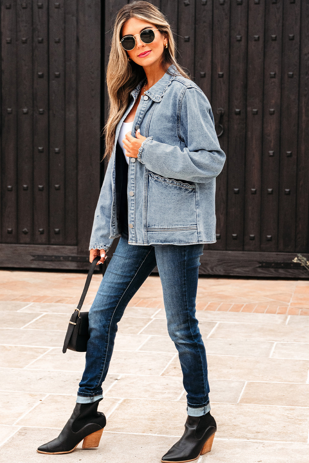 Scallop Trim Collar Patched Pocket Button Up Denim Jacket